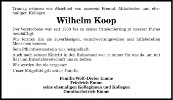Traueranzeige von Wilhelm Koop von Die Harke