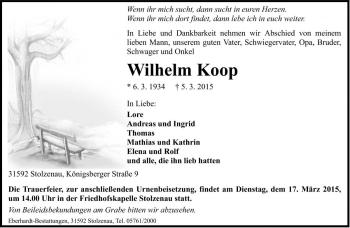 Traueranzeige von Wilhelm Koop von Die Harke
