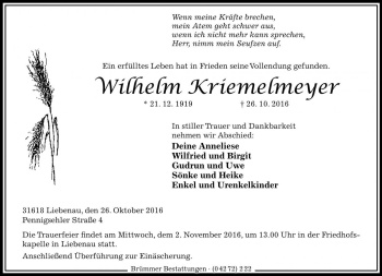 Traueranzeige von Wilhelm Kriemelmeyer von Die Harke