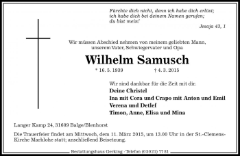 Traueranzeige von Wilhelm Samusch von Die Harke