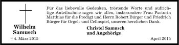 Traueranzeige von Wilhelm Samusch von Die Harke