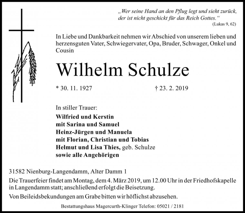  Traueranzeige für Wilhelm Schulze vom 27.02.2019 aus Die Harke