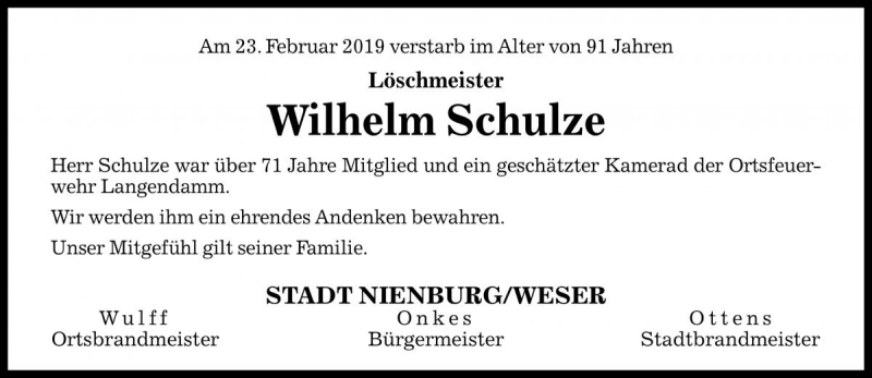  Traueranzeige für Wilhelm Schulze vom 28.02.2019 aus Die Harke