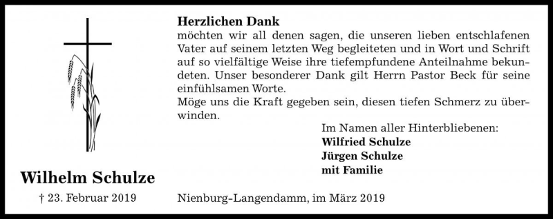  Traueranzeige für Wilhelm Schulze vom 23.03.2019 aus Die Harke