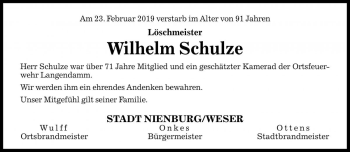 Traueranzeige von Wilhelm Schulze von Die Harke