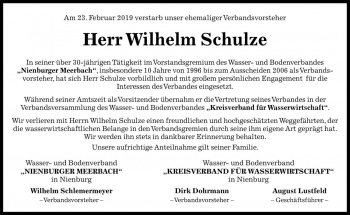 Traueranzeige von Wilhelm Schulze von Die Harke