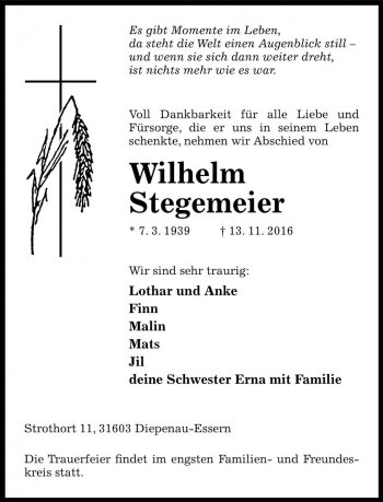 Traueranzeige von Wilhelm Stegemeier von Die Harke