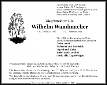 Traueranzeige von Wilhelm Wandmacher von Die Harke