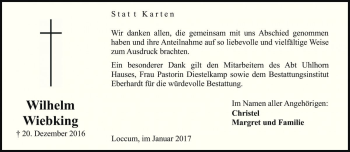 Traueranzeige von Wilhelm Wiebking von Die Harke