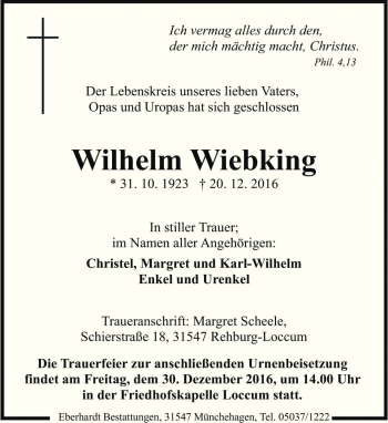 Traueranzeige von Wilhelm Wiebking von Die Harke