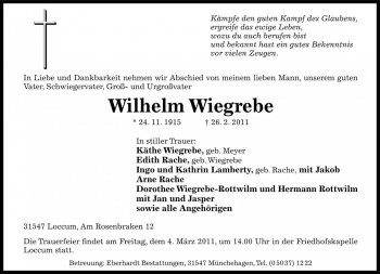 Traueranzeige von Wilhelm Wiegrebe von Die Harke