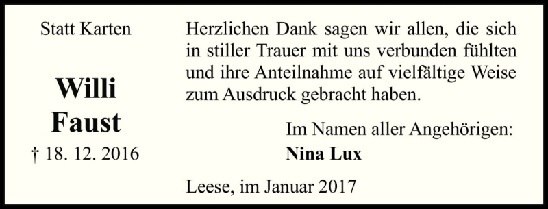  Traueranzeige für Willi Faust vom 14.01.2017 aus Die Harke