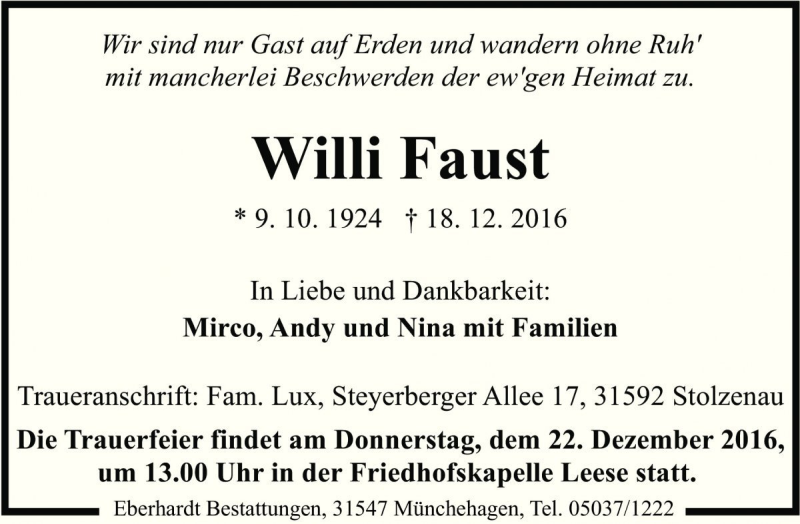 Traueranzeige für Willi Faust vom 21.12.2016 aus Die Harke