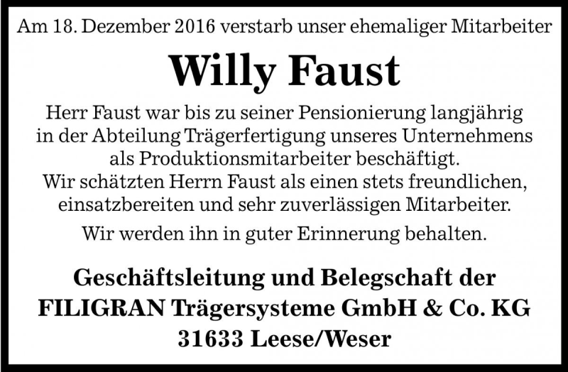  Traueranzeige für Willi Faust vom 24.12.2016 aus Die Harke