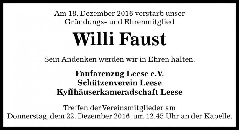  Traueranzeige für Willi Faust vom 22.12.2016 aus Die Harke