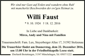 Traueranzeige von Willi Faust von Die Harke