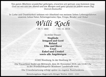 Traueranzeige von Willi Koch von Die Harke