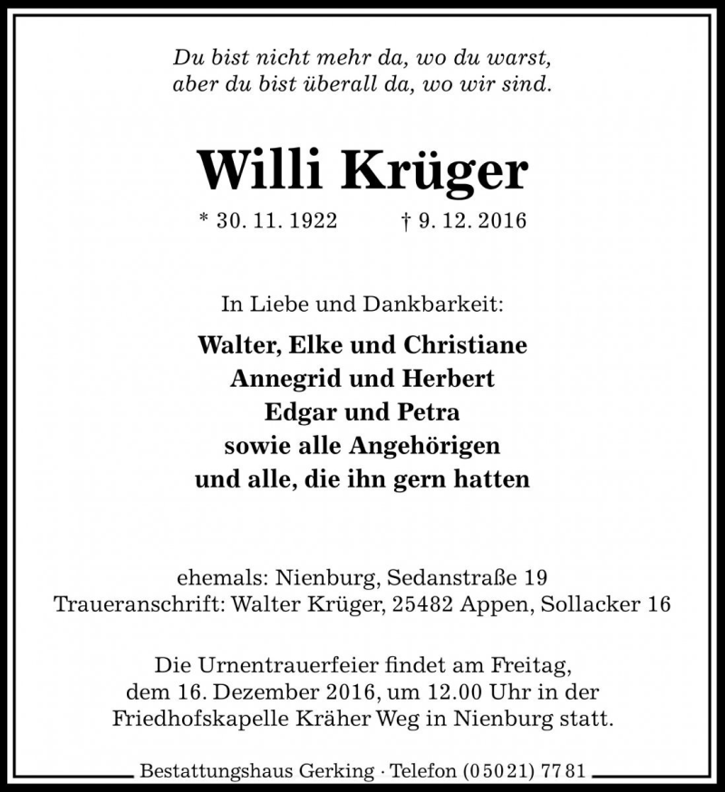  Traueranzeige für Willi Krüger vom 13.12.2016 aus Die Harke