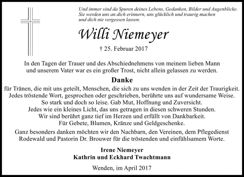  Traueranzeige für Willi Niemeyer vom 08.04.2017 aus Die Harke