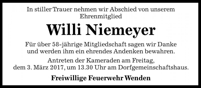  Traueranzeige für Willi Niemeyer vom 01.03.2017 aus Die Harke