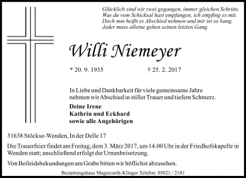 Traueranzeige von Willi Niemeyer von Die Harke