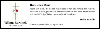 Traueranzeige von Wilma Beranek von Die Harke