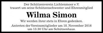Traueranzeige von Wilma Simon von Die Harke