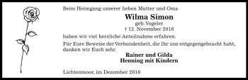 Traueranzeige von Wilma Simon von Die Harke