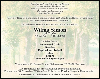 Traueranzeige von Wilma Simon von Die Harke