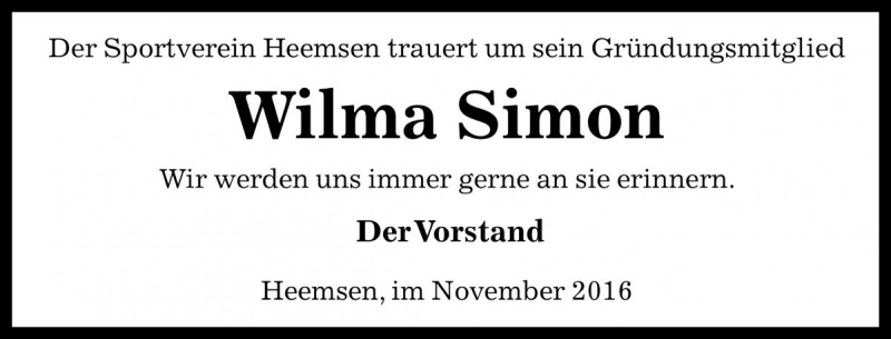  Traueranzeige für Wilma Simon vom 16.11.2016 aus Die Harke