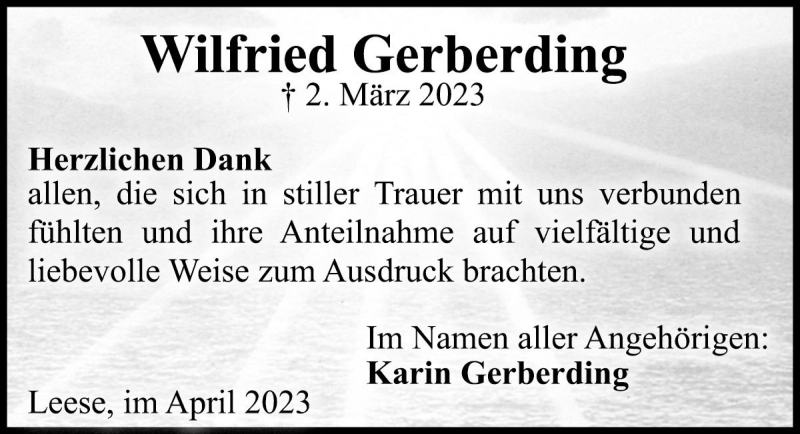  Traueranzeige für Wilfried Gerberding vom 01.04.2023 aus Die Harke