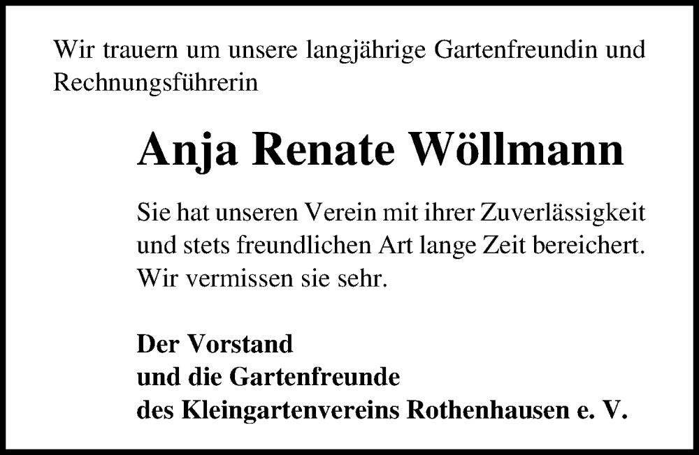  Traueranzeige für Anja Renate Wöllmann vom 01.06.2025 aus Lübecker Nachrichten