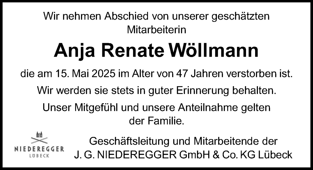  Traueranzeige für Anja Renate Wöllmann vom 01.06.2025 aus Lübecker Nachrichten