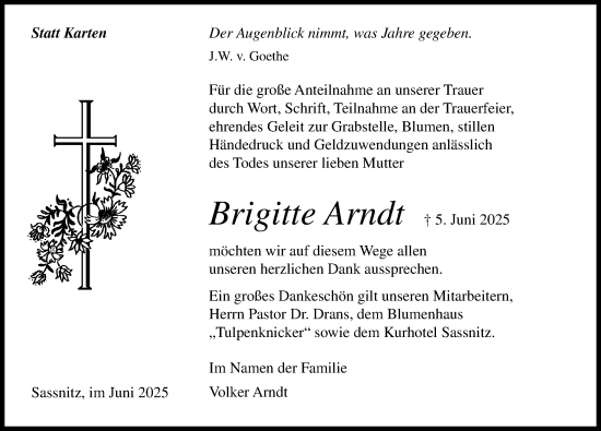 Traueranzeige von Brigitte Arndt von Ostsee-Zeitung GmbH