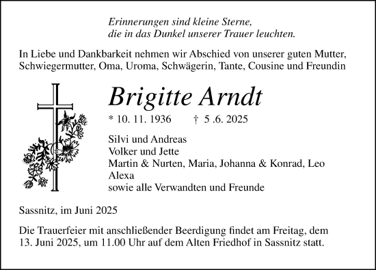 Traueranzeige von Brigitte Arndt von Ostsee-Zeitung GmbH
