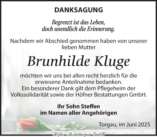 Traueranzeige von Brunhilde Kluge von Torgauer Zeitung
