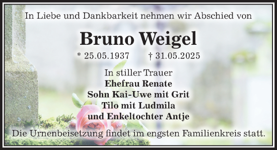 Traueranzeige von Bruno Weigel von Sächsische Zeitung