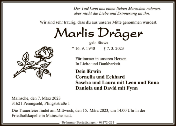 Traueranzeige von Marlis Dräger von Die Harke