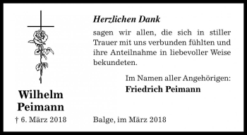 Traueranzeige von Wilhelm Peimann von Die Harke