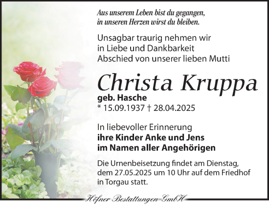 Traueranzeige von Christa Kruppa von Torgauer Zeitung