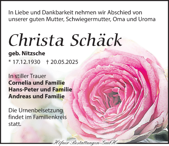 Traueranzeige von Christa Schäck von Torgauer Zeitung