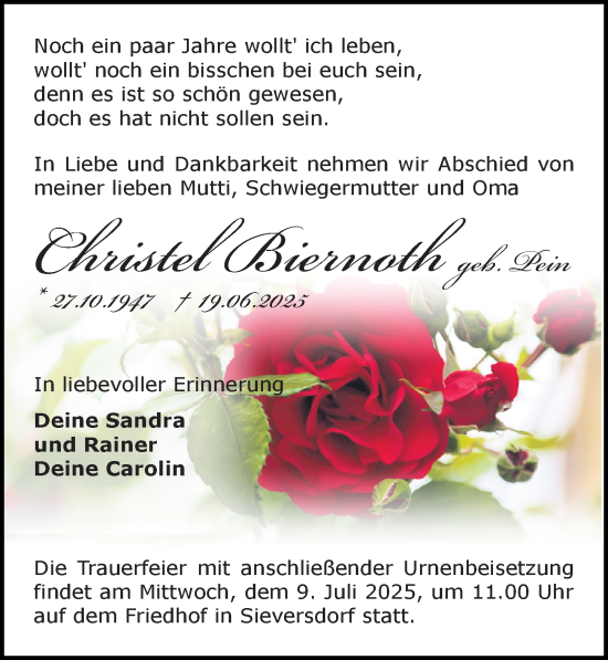 Traueranzeige von Christel Biernoth von Wochenspiegel