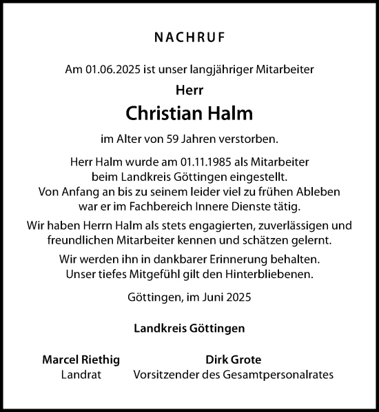 Traueranzeige von Christian Halm von Göttinger Tageblatt