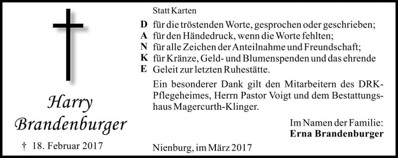  Traueranzeige für Harry Brandenburger vom 04.03.2017 aus Die Harke