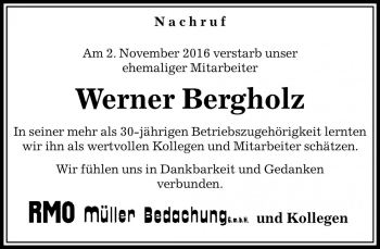 Traueranzeige von Werner Bergholz von Die Harke