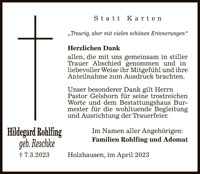  Traueranzeige für Hildegard Rohlfing vom 29.04.2023 aus Die Harke