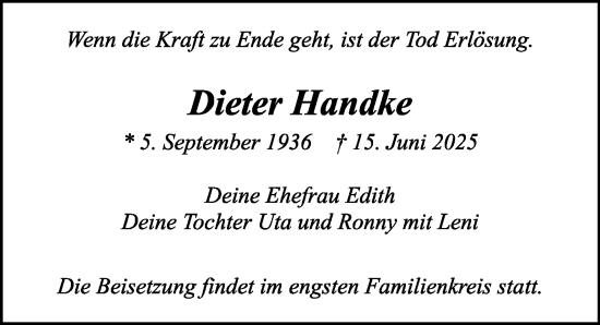 Traueranzeige von Dieter Handke von Sächsische Zeitung