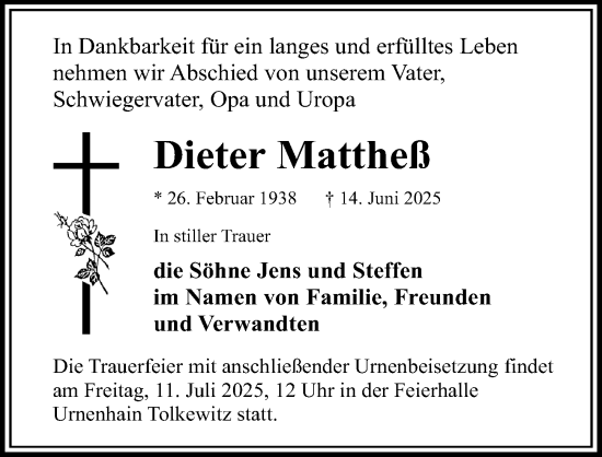 Traueranzeige von Dieter Mattheß von Sächsische Zeitung