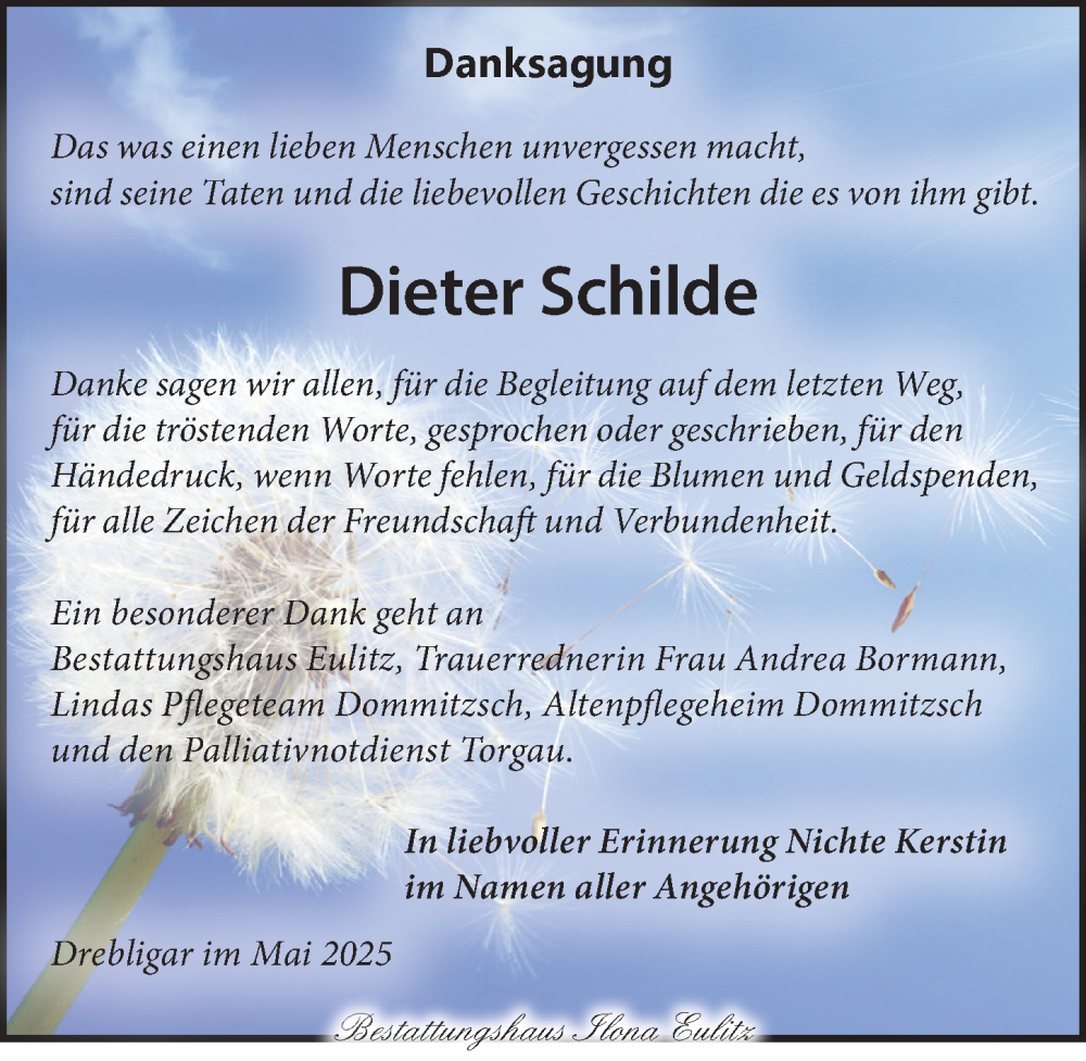  Traueranzeige für Dieter Schilde vom 22.06.2025 aus Torgauer Zeitung