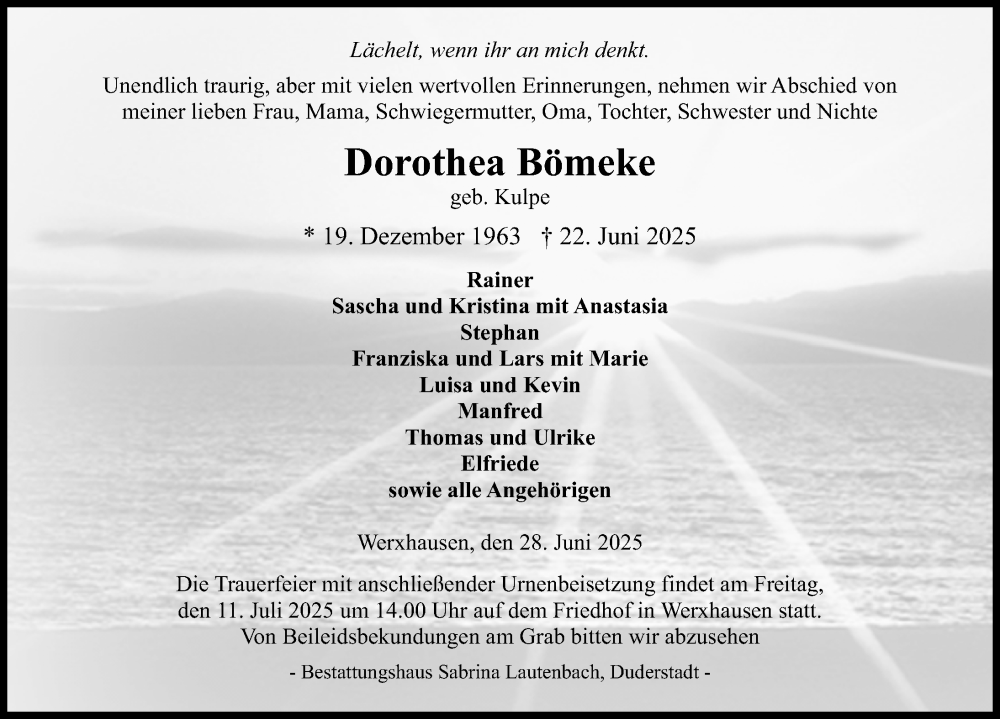  Traueranzeige für Dorothea Bömeke vom 28.06.2025 aus Göttinger Tageblatt